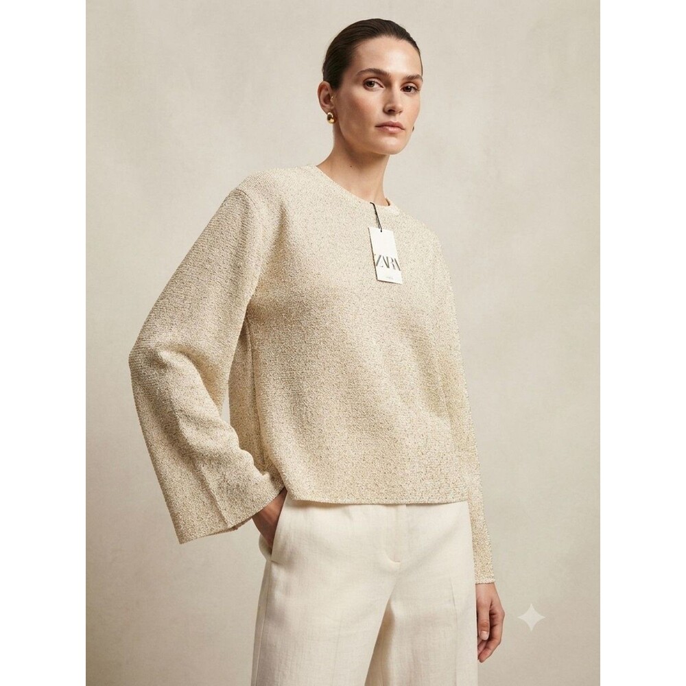 NWT Women Zara Metallic Knit Sweater Gold L 100% Cotton